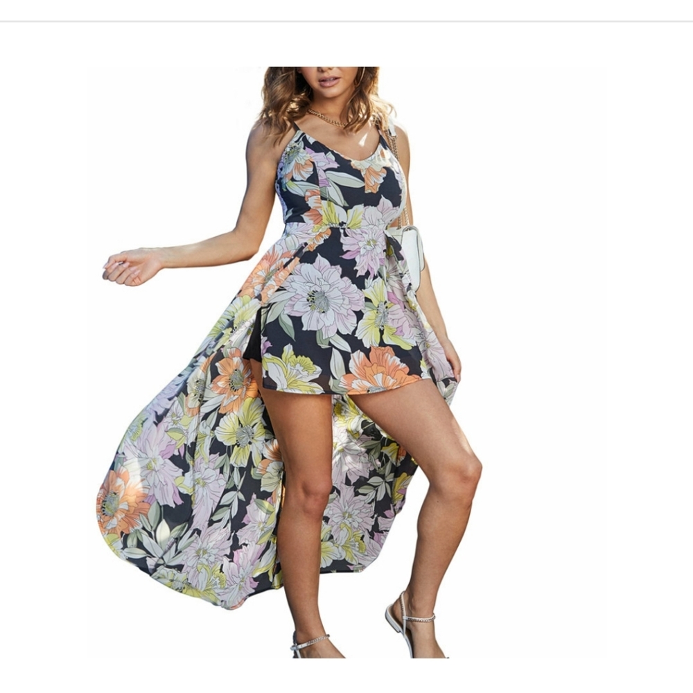 GUESS floral print skirt-back romper